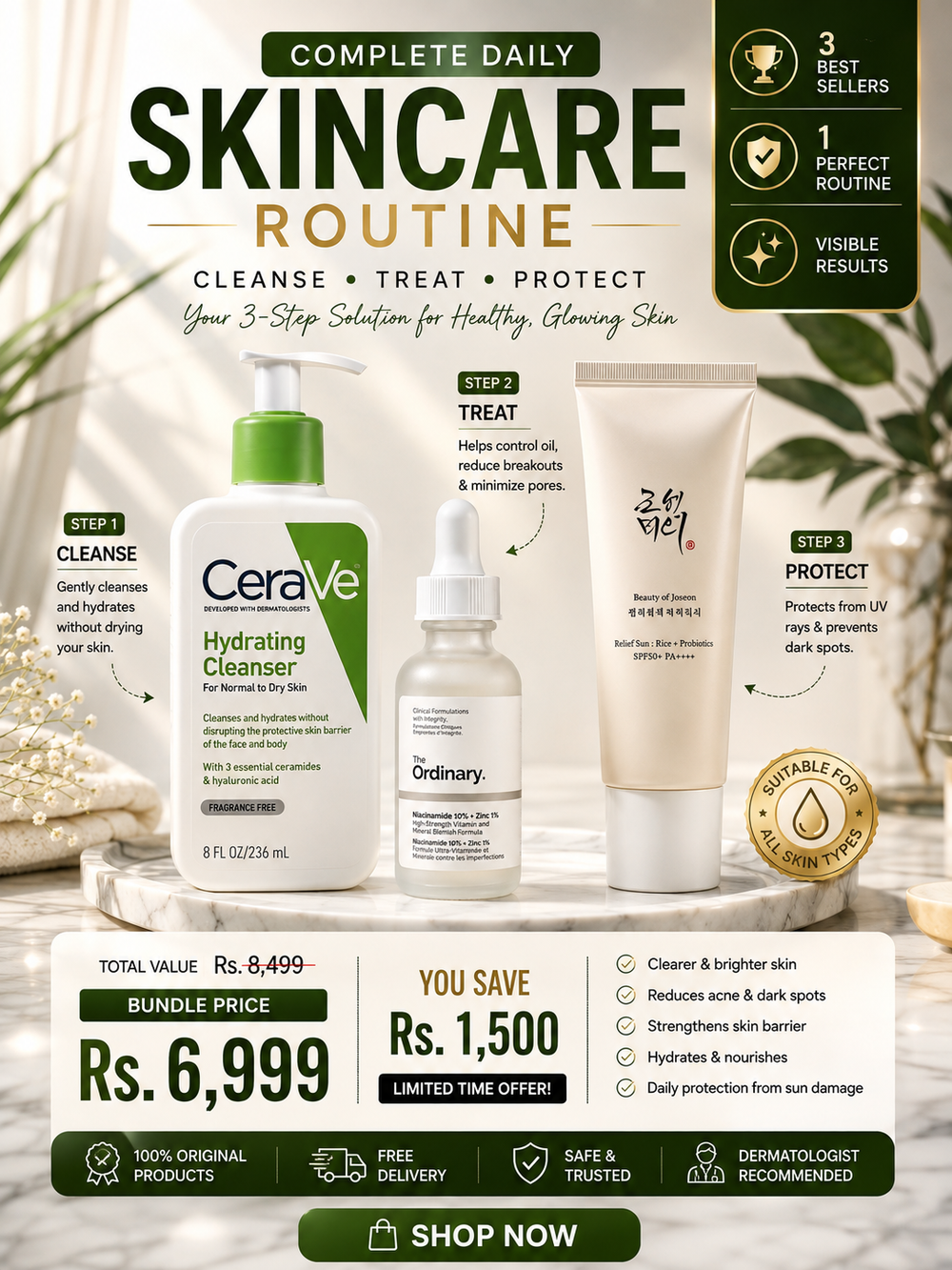Complete Daily Skincare Routine Bundle | CeraVe, The Ordinary & Beauty of Joseon Urban Zay